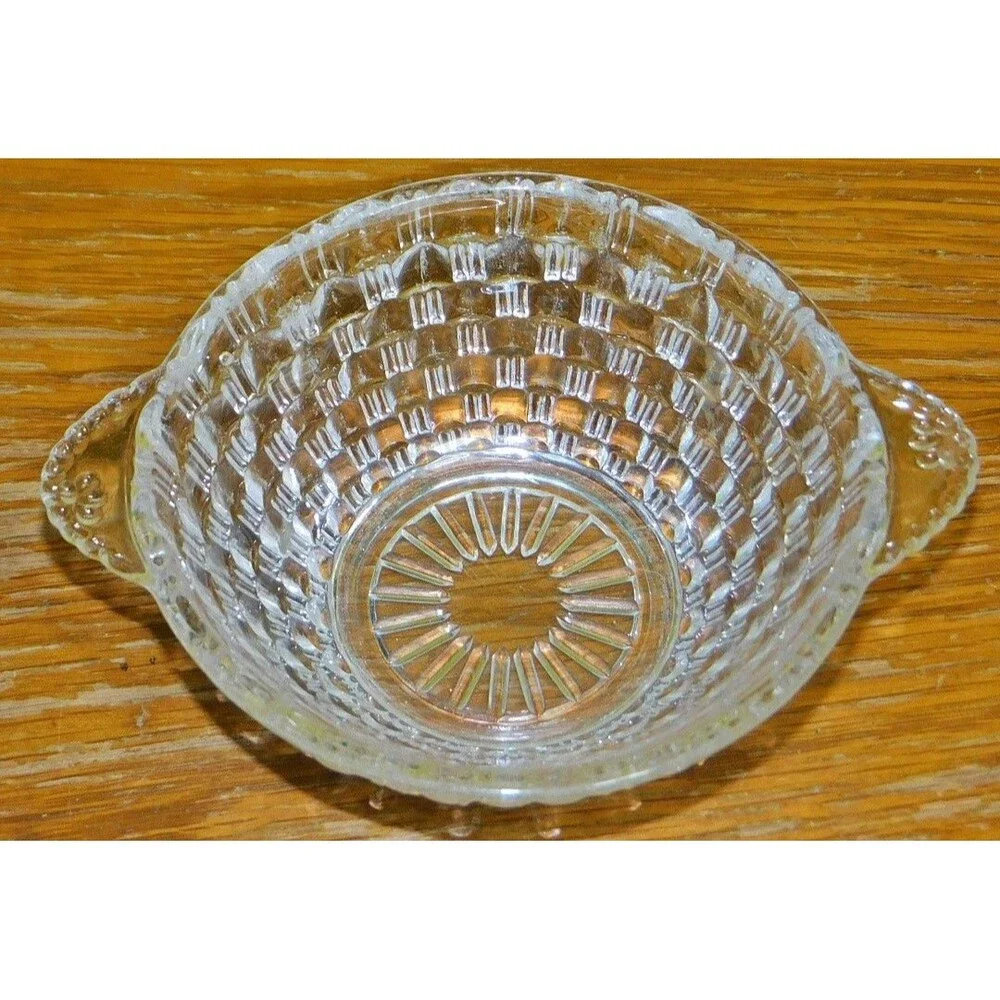 Vintage Clear Glass Berry Bowl Basket Weave Pattern Double Tab Handles